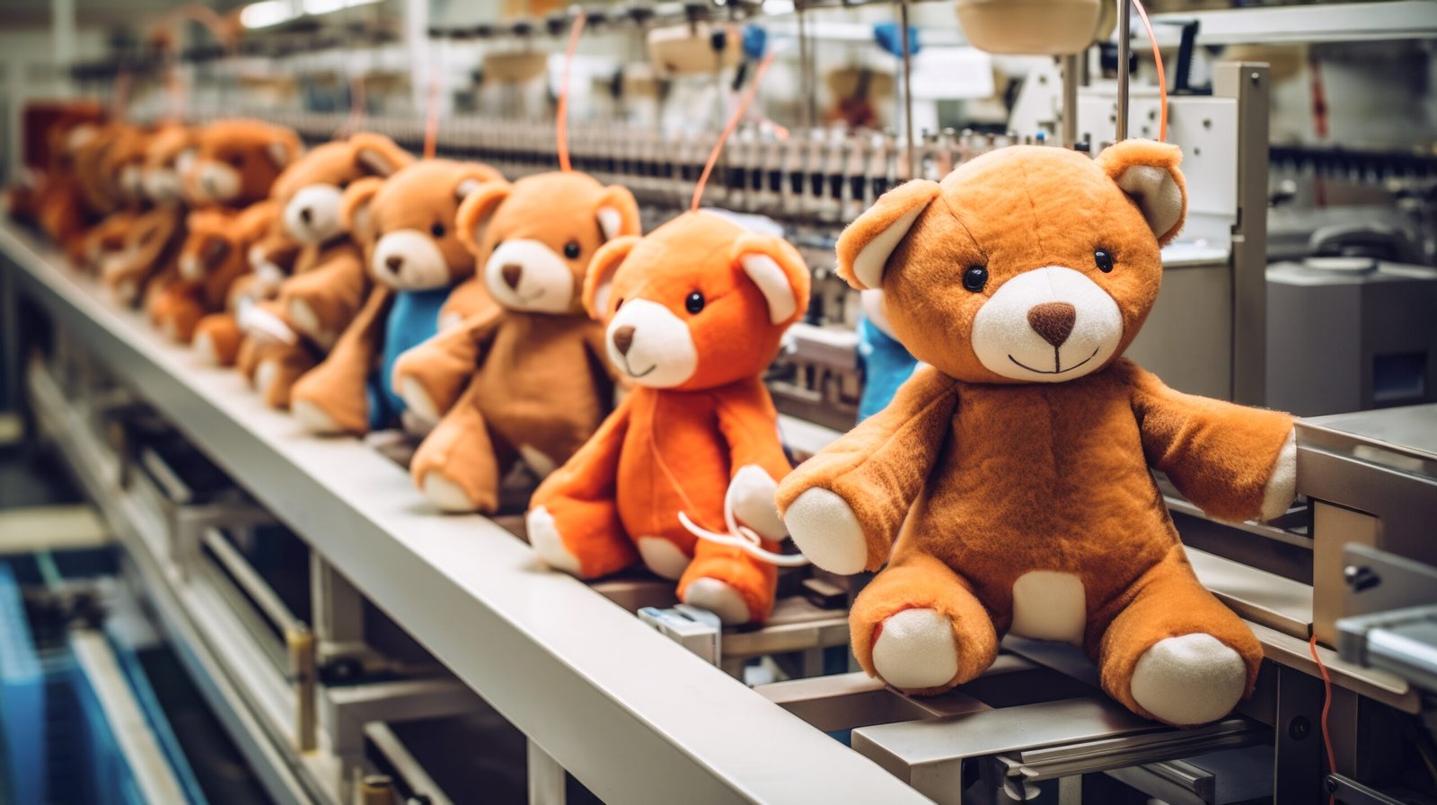 Production of new goods at the factory, modern technologies Soft toy bear